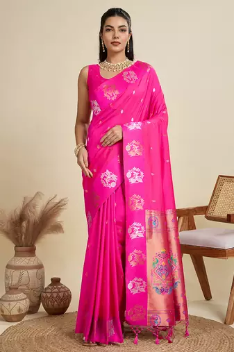 pink paithani kanjivaram art silk saree with silver and gold zari weaving and running blouse piece