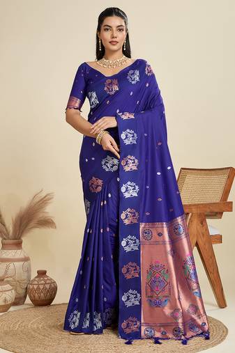 royal blue paithani kanjivaram art silk saree with silver and gold zari weaving and running blouse piece