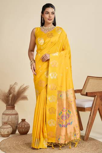 yellow paithani kanjivaram art silk saree with silver and gold zari weaving and running blouse piece