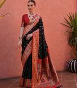black paithani silk blend saree with elegant contrast border & fancy tassels | handwoven look designer saree with blouse