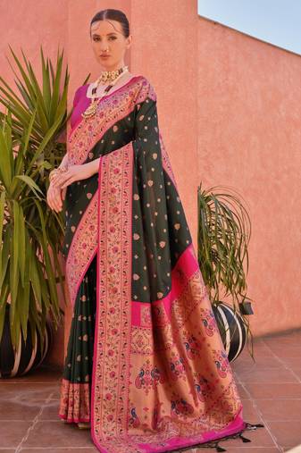 green paithani silk blend saree with elegant contrast border & fancy tassels | handwoven look designer saree with blouse