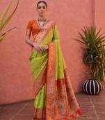 Light green paithani silk saree with elegant contrast border & fancy tassels | handwoven look designer saree with blouse