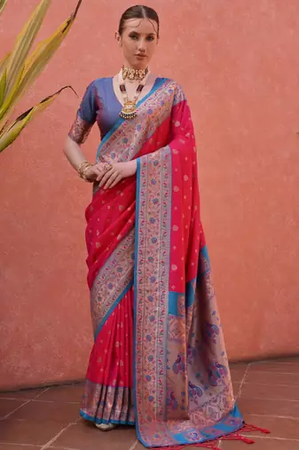 pink paithani silk blend saree with elegant contrast border & fancy tassels | handwoven look designer saree with blouse