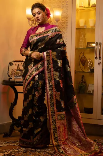 black banarasi silk blend saree with meena weaves, contrast border, grand weaving pallu & tassels with blouse