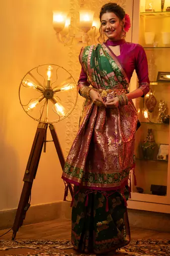 green banarasi silk blend saree with meena weaves, contrast border, grand weaving pallu & tassels with blouse