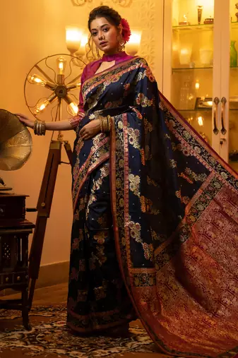 navy blue banarasi silk blend saree with meena weaves, contrast border, grand weaving pallu & tassels with blouse