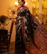navy blue banarasi silk blend saree with meena weaves, contrast border, grand weaving pallu & tassels with blouse