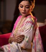 off white banarasi silk blend saree with meena weaves, contrast border, grand weaving pallu & tassels with blouse