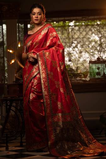 red banarasi silk blend saree with meena weaves, contrast border, grand weaving pallu & tassels with blouse