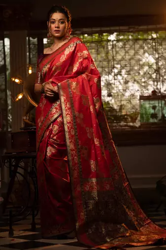 red banarasi silk blend saree with meena weaves, contrast border, grand weaving pallu & tassels with blouse