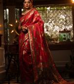 red banarasi silk blend saree with meena weaves, contrast border, grand weaving pallu & tassels with blouse