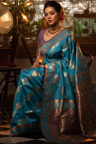 teal banarasi silk blend saree with meena weaves, contrast border, grand weaving pallu & tassels with blouse