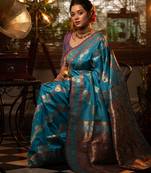teal banarasi silk blend saree with meena weaves, contrast border, grand weaving pallu & tassels with blouse