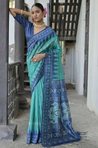 sea green tussar art silk saree with temple border & ikkat print pallu | traditional printed saree with running blouse