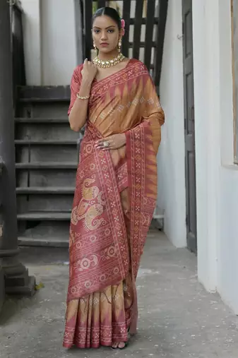 rust tussar art silk saree with temple border & ikkat print pallu | traditional printed saree with running blouse