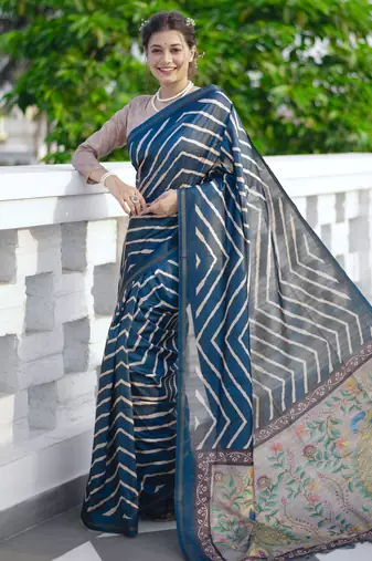 blue tussar art silk leriya pattern saree with woven zari border & kalamkari work pallu     comes with blouse