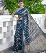 blue tussar art silk leriya pattern saree with woven zari border & kalamkari work pallu     comes with blouse