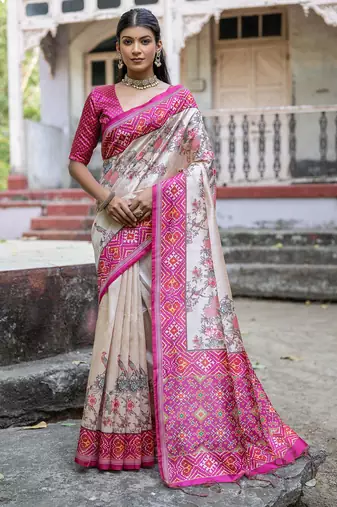 pink tussar art silk patola print saree with floral jal design and contrast blouse piece