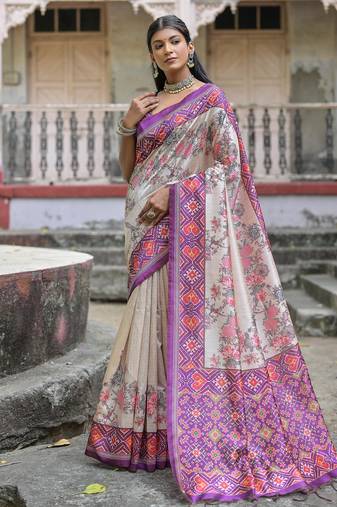 lavender tussar art silk patola print saree with floral jal design and contrast blouse piece