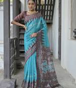 aqua tussar art silk saree with temple border & ikkat print pallu | traditional printed saree with running blouse