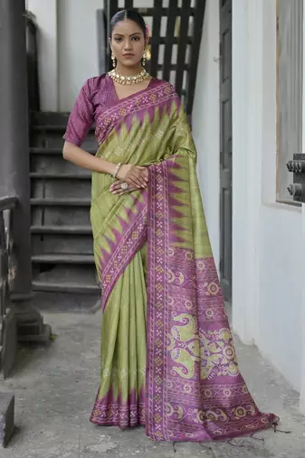 green tussar art silk saree with temple border & ikkat print pallu | traditional printed saree with running blouse