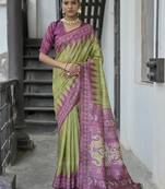 green tussar art silk saree with temple border & ikkat print pallu | traditional printed saree with running blouse