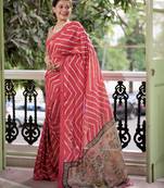 bright pink tussar art silk leriya pattern saree with woven zari border & kalamkari work pallu     comes with blouse