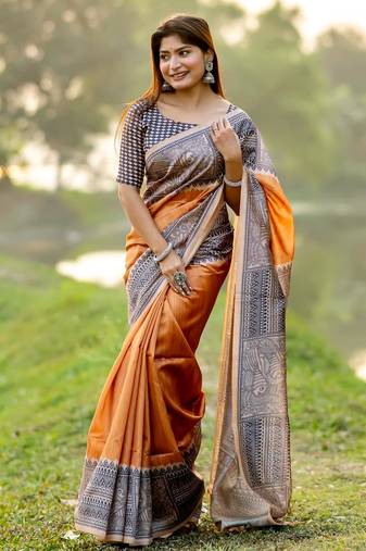 rust tussar art silk madhubani printed saree with traditional pallu & fancy tassels – contrast blouse piece included