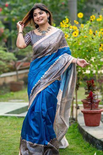Royal blue tussar silk madhubani printed saree with traditional pallu & fancy tassels – contrast blouse piece included