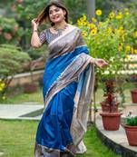 Royal blue tussar silk madhubani printed saree with traditional pallu & fancy tassels     contrast blouse piece included