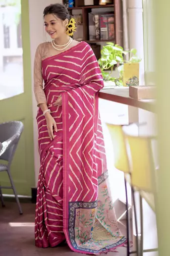 pink tussar art silk leriya pattern saree with woven zari border & kalamkari work pallu     comes with blouse