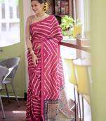 pink tussar art silk leriya pattern saree with woven zari border & kalamkari work pallu     comes with blouse