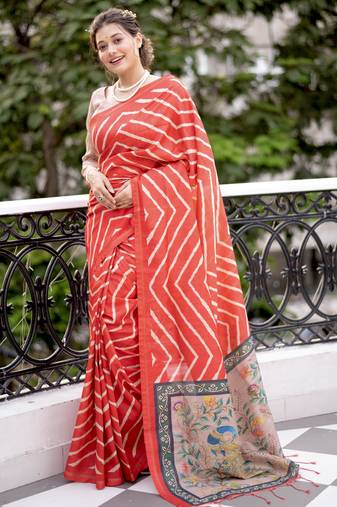 red tussar art silk leriya pattern saree with woven zari border & kalamkari work pallu     comes with blouse