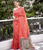 red tussar art silk leriya pattern saree with woven zari border & kalamkari work pallu     comes with blouse