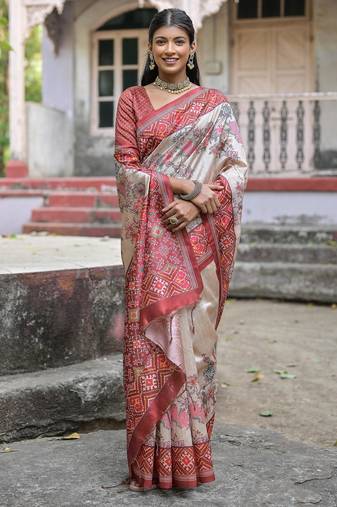 maroon tussar art silk patola print saree with floral jal design and contrast blouse piece
