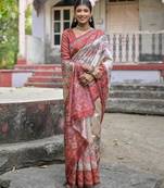 maroon tussar art silk patola print saree with floral jal design and contrast blouse piece