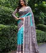 aqua blue soft tussar art silk saree with madhubani print | traditional pallu & fancy tassels | running blouse piece