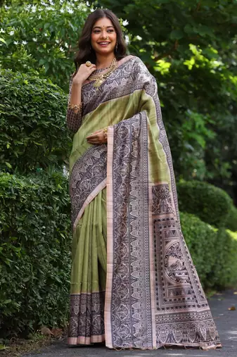 olive soft tussar art silk saree with madhubani print | traditional pallu & fancy tassels | running blouse piece