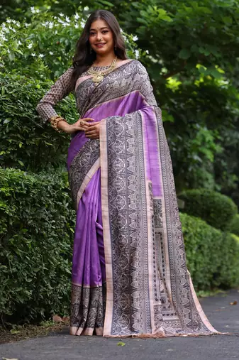 purple soft tussar art silk saree with madhubani print | traditional pallu & fancy tassels | running blouse piece