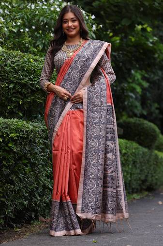 rust soft tussar art silk saree with madhubani print | traditional pallu & fancy tassels | running blouse piece
