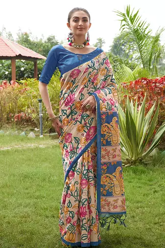 blue soft tussar art silk kalamkari printed saree with traditional pallu & tassels | contrast blouse piece