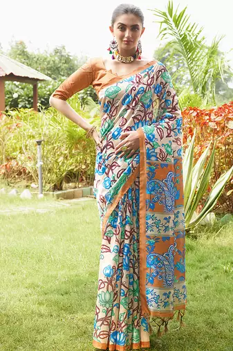 brown soft tussar art silk kalamkari printed saree with traditional pallu & tassels | contrast blouse piece