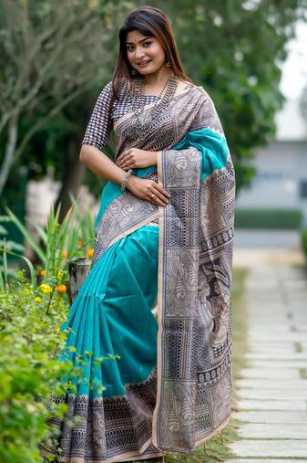 rama tussar art silk madhubani printed saree with traditional pallu & fancy tassels – contrast blouse piece included