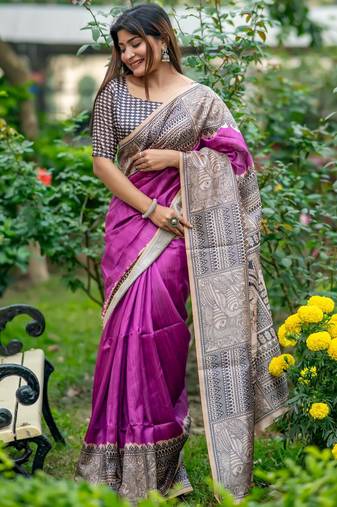 purple tussar art silk madhubani printed saree with traditional pallu & fancy tassels     contrast blouse piece included