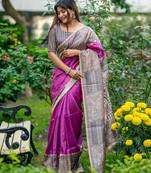 purple tussar art silk madhubani printed saree with traditional pallu & fancy tassels     contrast blouse piece included
