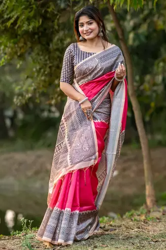 pink tussar art silk madhubani printed saree with traditional pallu & fancy tassels     contrast blouse piece included