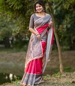 pink tussar art silk madhubani printed saree with traditional pallu & fancy tassels     contrast blouse piece included