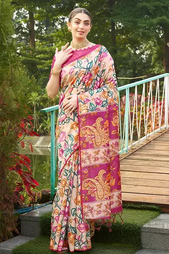 pink soft tussar art silk kalamkari printed saree with traditional pallu & tassels | contrast blouse piece