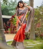 orange tussar art silk madhubani printed saree with traditional pallu & fancy tassels     contrast blouse piece included