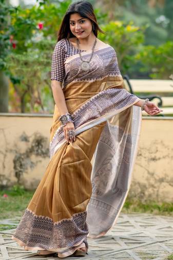 mustard tussar art silk madhubani printed saree with traditional pallu & fancy tassels – contrast blouse piece included